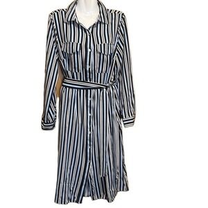 NY Collection Striped Shirt Dress Women's M Belted Long Sleeve NWT